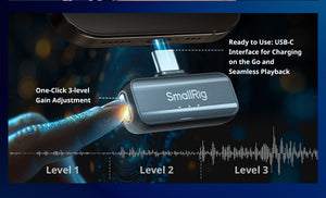 SmallRig device with USB-C interface and one-click gain adjustment on a dark background