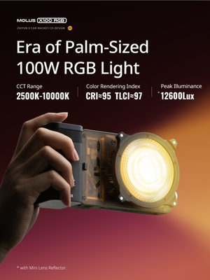 Palm-sized 100W RGB light with hand holding it, featuring text about specifications.