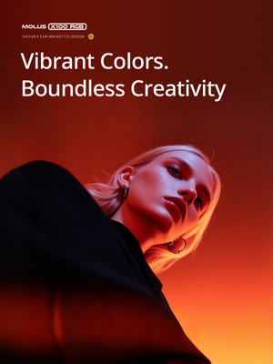 Person with a blurred face against an orange background with text 'Vibrant Colors. Boundless Creativity' and a brand logo.
