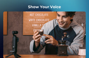 Person holding a smartphone with a coffee grinder and cup on a table, with 'Show Your Voice' text at the top.