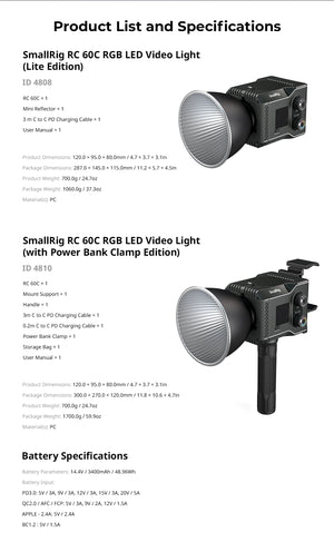 Smallrig 4810 RC 60C Lampa LED RGB 60W cu Suport Acumulator