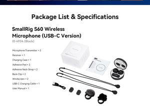 Package list and specifications for SmallRig S60 Wireless Microphone USB-C version on a white background.