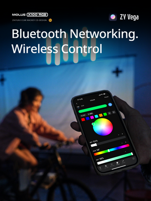 Person using a smartphone with color control app, with 'ZY Vega' branding and text about Bluetooth networking and wireless control.