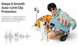 Person holding a phone with a dog sitting next to them, featuring text about LARK audio technology.