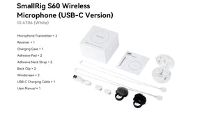 SmallRig S60 Wireless Microphone USB-C version packaging with components listed on a white background