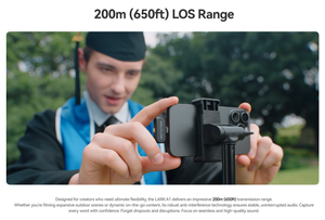 Person in graduation gown holding a camera with text about range and features.