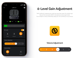 Phone screen displaying LarkSound app with gain and volume adjustment controls.
