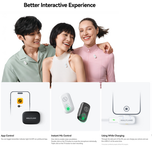 Three people with electronic devices and product illustrations on a white background