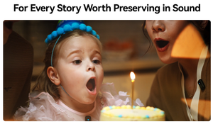 Child blowing out a candle on a cake with a person next to them, with text 'For Every Story Worth Preserving in Sound' above.