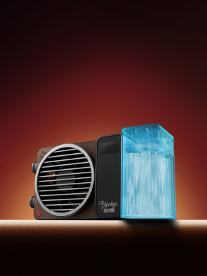 Vintage-style radio with a blue light on a gradient red background
