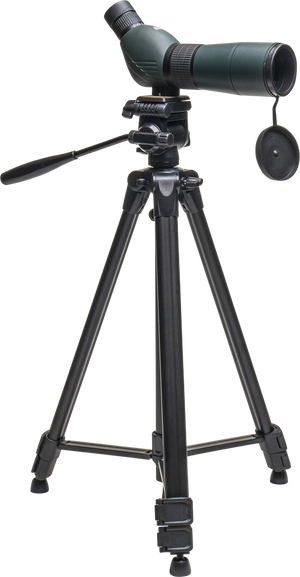 Lunetă terestră Focus Outdoor 15-45x60 fixată pe tripodul WF3950 cu capacele de protecție suspendate   
