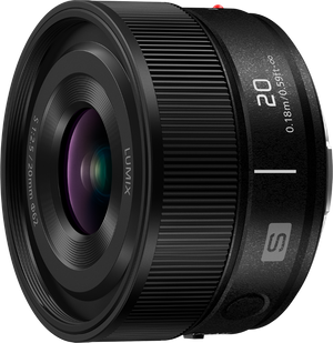 Obiectiv foto Panasonic LUMIX S 20mm f/2.5 L-Mount privit din unghi frontal