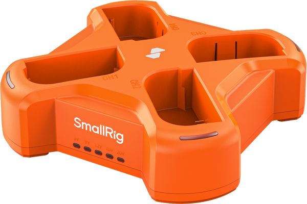 Încărcător portocaliu cu 4 canale SmallRig 4838 pentru baterii de cameră Canon.