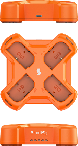 Vedere de sus și profil a încărcătorului SmallRig 4838, prezentând cele 4 sloturi de baterii și portul de alimentare USB-C.