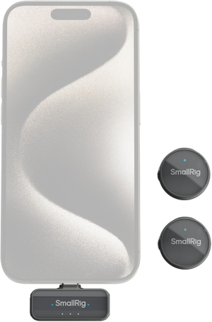 Sistem microfon wireless SmallRig 4934 S-60 conectat la smartphone prin USB-C cu două unități de transmisie.