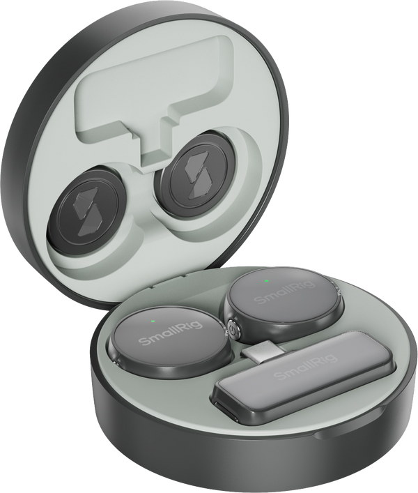 Sistem de microfon wireless SmallRig S-60 versiunea USB-C cu carcasă de încărcare și două transmițătoare, negru.