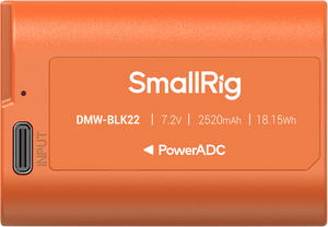 Plan apropiat cu specificațiile acumulatorului SmallRig DMW-BLK22: 7.2V, 2520mAh, 18.15Wh și port de intrare USB-C PowerADC.