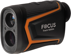 Telemetru laser Focus Track RF 1000m negru cu detalii portocalii pe fundal transparent