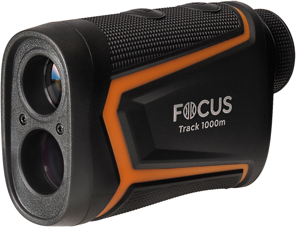 Telemetru laser Focus Track RF 1000m negru cu detalii portocalii pe fundal transparent