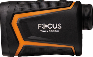 Telemetru laser Focus Track RF 1000m vizualizare din profil lateral cu sigla Focus Track 1000m
