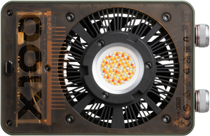 Vedere frontala completa a lampii Zhiyun MOLUS X100 RGB cu panou transparent, radiator circular si cip LED COB integrat, echipament profesional gphoto.ro