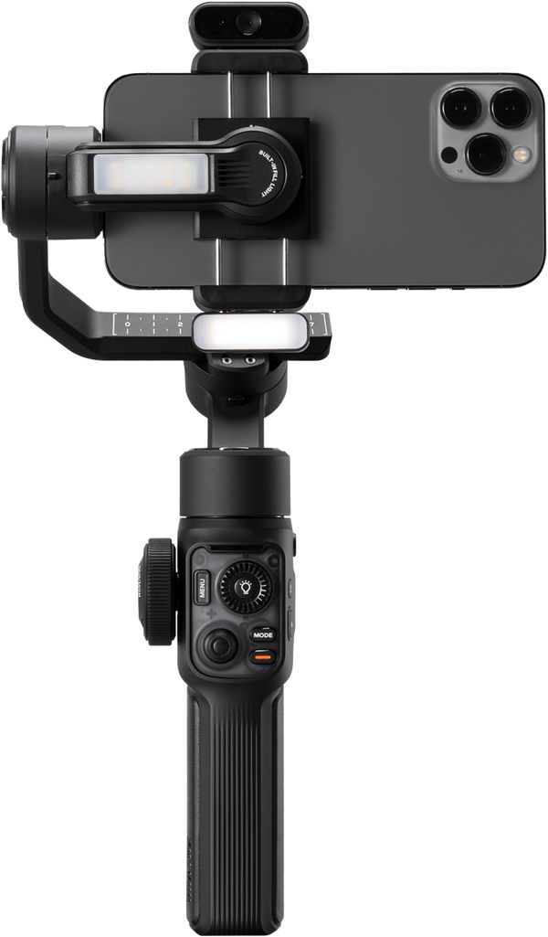 Gimbal Zhiyun Smooth 5S AI Pro, stabilizator profesional pe 3 axe pentru smartphone, mod Vortex 360 grade și lumină LED, disponibil pe gphoto.ro