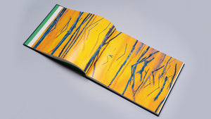 Albumul foto de artă „Cuejdel” de Gheorghe Popa deschis la o pagină dublă, prezentând o fotografie abstractă vibrantă cu texturi de un galben intens și reflexii albastre ale trunchiurilor de copaci. Formatul landscape al cărții pune în valoare detaliile grafice ale peisajului din sălbăticia Carpaților, oferind o experiență vizuală imersivă.