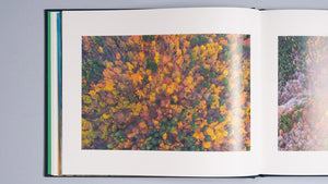 Pagini interioare din albumul „Cuejdel” de Gheorghe Popa, prezentând o fotografie aeriană (top-down) a unei păduri dese în culori de toamnă: galben, portocaliu și verde închis. Imaginea este încadrată cu o bordură albă generoasă, subliniind stilul minimalist și calitatea estetică a layout-ului cărții de artă.