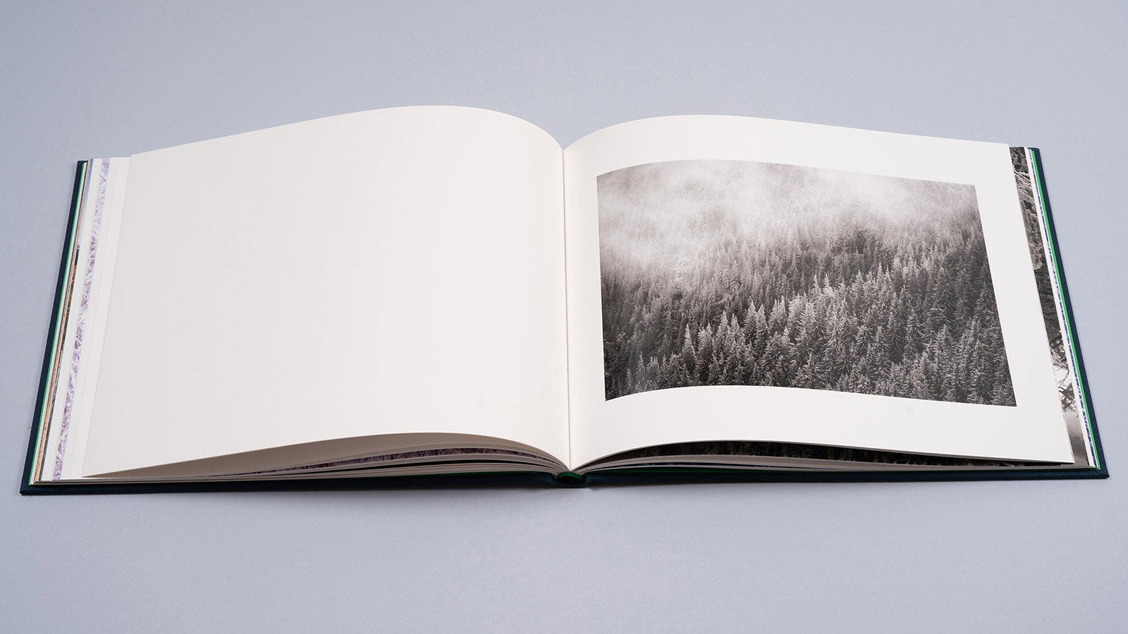 Albumul foto „Cuejdel” de Gheorghe Popa, deschis larg pentru a evidenția designul editorial curat. Pagina din dreapta conține o fotografie monocromă cu o pădure de brazi acoperită de nori și ceață, în timp ce pagina din stânga rămâne albă, creând un echilibru vizual ce pune în valoare detaliile fine ale peisajului carpatin.